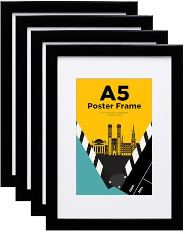Egofine Bilderrahmen A5, Holzrahmen A5 mit Acrylglas Passepartout für Fotos 10 x 15 cm, Zertifikatsrahmen für Tisch- und Wandmontage, 14.8 x 21 cm Posterrahmen für Portrait, Büro, Schwarz, 4er