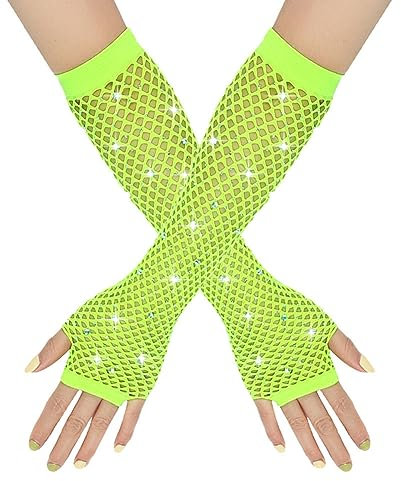 Yurosiay Lang Strass Netzhandschuhe Damen Bunt Fingerlose Mesh Handschuhe Elastisch Fischnetz Handschuhe Mit Strass Mode Fingerlose Abendhandschuhe für 80er Tanz Kostümabend Party Grün 1#