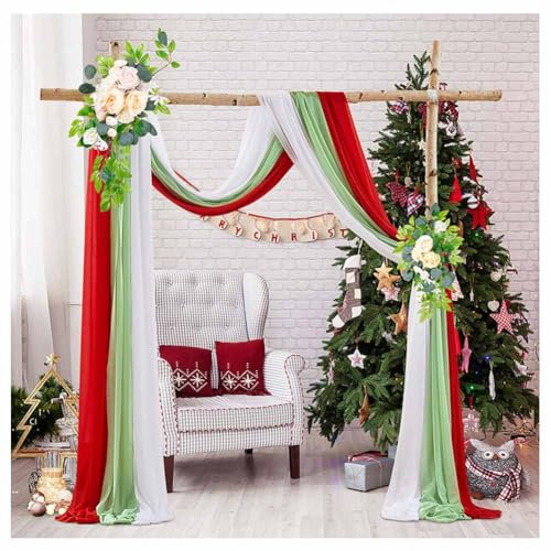 SHTGOI Hochzeitsbogen Vorhang 3 Paneele Chiffon Querbehang Freihanddeko Hintergrund Tülldekostoff 75 * 300cm Hochzeit Vorhänge Gardine für Zeremonie Party Arbor Torbogen Fenster Deko Rot+Weiß+Grün