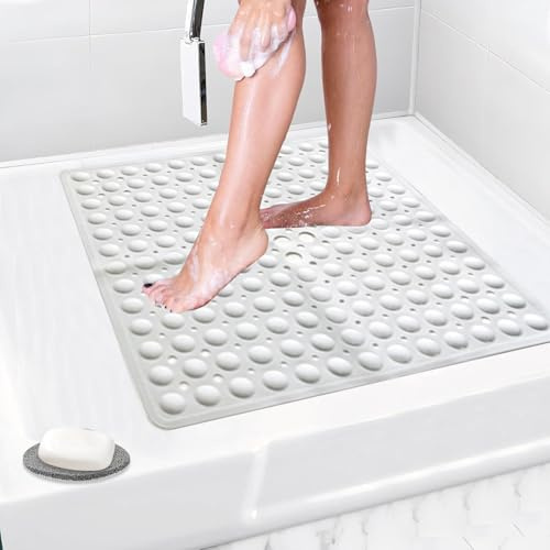 Rugs Inn Shower Mat Non Slip Bathroom Accessory, Strong Rubber Bath Mat Anti Mould Shower Mats for Inside Shower with Drain Hole Bathtub Mat for Shower or Tub (White, 53 x 53 cm)