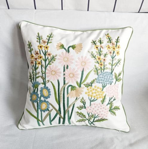 ZUODUTEX Embroidered Small yellow Chrysanthemum Cushion cover 45 X 45 Cm Pink Flower Canvas Cushion Case blue Daisy Embroidery Cushion Protector (Pink)