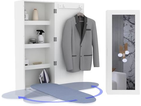 Organizedlife Wall Mounted Ironing Board Cabinet, Foldable Ironing Storage Station with Full Mirror Door, Ironing Center with Rotating Ironing Board for Home, Apartment, White