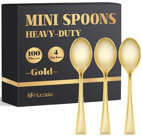 Kucoele 4 Inches Gold Mini Plastic Spoons, 100 Pack Disposable Small Dessert Spoons Heavy Duty Tiny Tasting Spoons for Appetizers, Puddings, Ice Creams