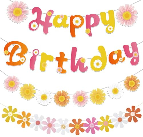 ZOCONE 4 Stück Gänseblümchen Happy Birthday Deko Girlande mit Seil und Banner - Blumen Geburtstag Deko für Mädchen und Kinder Party