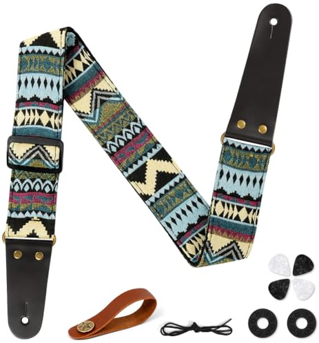 Aucuu Correa de Guitarra, Guitar Strap de Algodón, Bordado de Las Correas de Guitarra, 4 Púas de Guitarra, 2 Cierres de Correa de Goma, Extremos de Cuero Genuino, para Bajo Guitarra,Eléctrica,Acústica