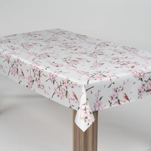 laro Wachstuch-Tischdecke Abwaschbar Garten-Tischdecke Wachstischdecke PVC Plastik-Tischdecken Eckig Meterware Wasserabweisend Abwischbar, Muster:Kirschblüten Rosa Weiß, Größe:110x160