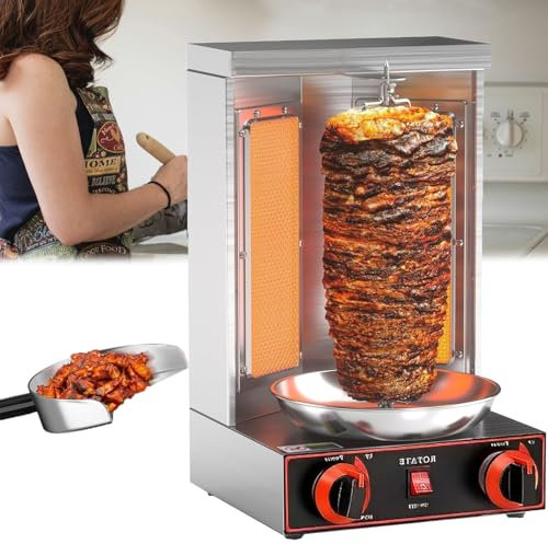 Dfdieratve Parrilla para Shawarma, MáQuina para Doner Kebab, Asadores a Gas, Asador Vertical Giratorio para el Hogar con 2 Quemadores para Asar Pollo, Asar Pavo, Tacos y Asar,barbecuestove+Shovel