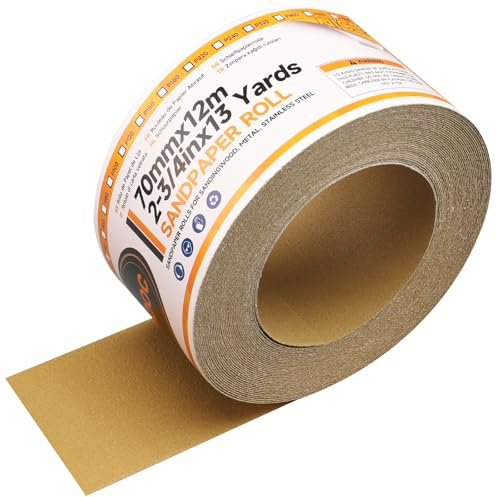 Shineboc 12 m x 70 mm sandpappersrulle självhäftande PSA Stickyback sandpapper guld PSA longboard sandpapper lång aluminiumoxid baksida sandpapper för träbearbetning metallplast fordon, 120 korn