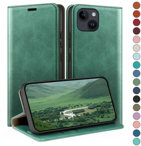 HUOUH für iPhone 14 6.1 Hülle mit RFID Schutzhülle aus Lederhülle Handyhülle,Kartenfach Leder ständer Handy hülle,360 Grad Schutz Cover für Apple 14 Klapphülle Wallet Case Hellgrün