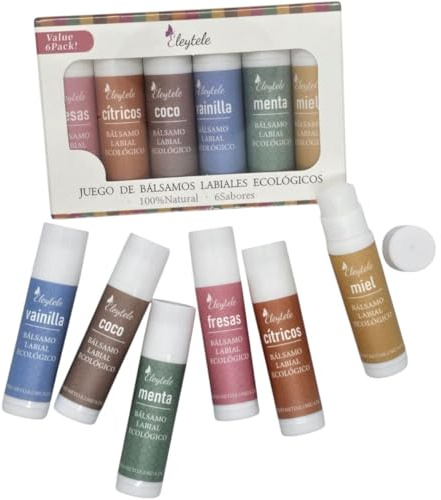 Juego de 6 bálsamos labiales orgánicos, 100% naturales, paquette de regaló, 6 sabores, coco, vanilla, miel, menta, fresas,cítricos