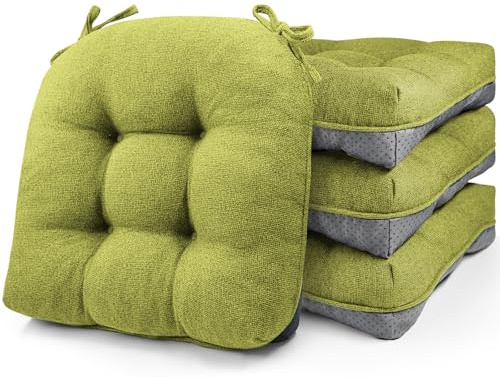 widesmile Chair Cushions for Dinning Chairs, Set of 4 Memory Foam Kitchen Chair Cushion with Ties and Non Slip Backing, Tufted Chair Cushions for Dining Room, 40cm x 40cm x 10cm, Green