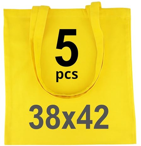 IDEA HOME-5 stycken bomullspåsar 38 x 42 cm – 220 g – jutepåse stor – tygpåse utan tryck, personlig anpassning möjlig – brodering eller målning – tygväska med två långa handtag – gul
