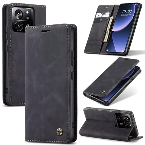 SLWYF Handyhülle für Xiaomi 13T/Xiaomi 13T Pro Hülle Premium Lederhülle Klappbar Flip Case Tasche Magnet Kartenfach Standfunktion Klapphülle Schutzhülle für Xiaomi 13T/Xiaomi 13T Pro, Schwarz