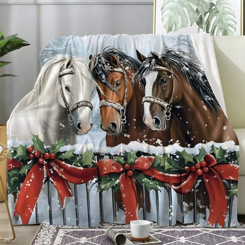 Weihnachtsdecke - Kuscheldecke Flauschig Weihnachts Pferd, Decke Fleecedecke Weihnachtsschleife, Weiche Warme Decke Wohndecke als Sofadecke Wolldecke Couchdecke Tagesdecke, 230x270 cm Y-964