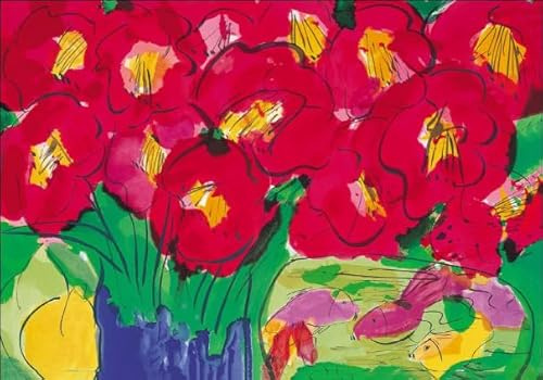 XZSFD NBGEA Walasse Ting Poster Walasse Ting Stampe Arte Murale Astratta《Fiori Di Rosa E Pesci》Quadro Walasse Ting Tela Pittura Per Decorazioni Per La Casa 80x60cm Senza Cornice