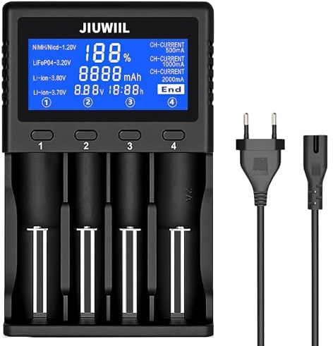 JIUWIIL Caricabatterie 18650, Caricabatterie Universale a 4 slot con Display LCD per Batterie Ricaricabili Li-Ion 26650 17500 16340 (RCR123) 14500 10440 16340