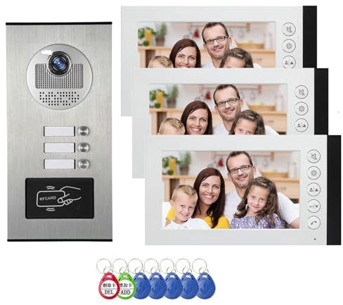 Kabelgebundenes Video Multifamily Apartment Intercom System, 2/3/6/8/10/12 Einheiten 7-Zoll Monitor Video Tür Telefon Kit Indoor Outdoor,ID Card Entriegeln (1 Türklingel + 3 Monitor)