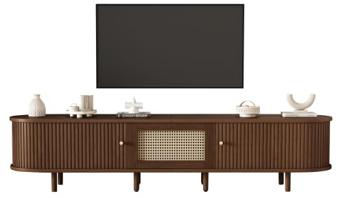 HAINEW Meuble TV bas moderne avec 1 tiroir en rotin et 2 portes coulissantes, ovale, avec pieds en bois, pour salon, chambre à coucher, 180 x 40 x 40 cm, noyer