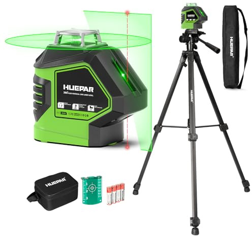 Laser Level with Tripod 60 Inch, Huepar Self Leveling Laser Level with 2 Plumb Dots -Green Cross Line Laser Leveler Tool with 360° Horizontal and 140° Vertical Line for Construction & Home Use 621CGT