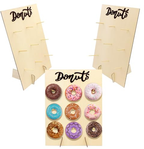 ZYNERY Wood Donut Stand Set of 3, Doughnut Board Display Stand, Donut Wall with 9 Holders, for Wedding Birthday Family Party, 30 x 40 cm