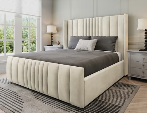 Furnishion Manhattan Double Bed Frame 4ft6, Modern Plush Velvet Upholstered Panelled Design, Luxury 4ft6 Beds Base with High Headboard, Stylish Bed Frame Double for Bedrooms in Cream Plush