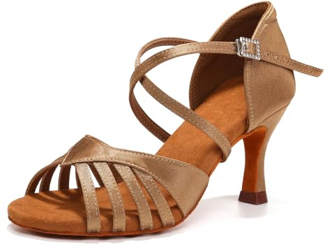 YCALCP Scarpe da Ballo Latino Donna Raso Professionali Pratica Scarpe da Danza da Sala Salsa Tacco 7 cm, 956DB, Beige, 38 EU