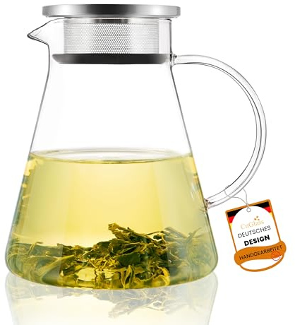 CnGlass Teekanne Glas 1,2L mit Edelstahlsieb, Glasteekanne Herdplattensicher, Klar Teebereiter für losen Tee