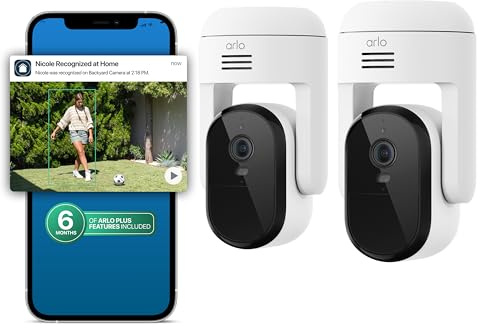 Arlo Essential Pan Tilt Security Camera 2K + 6 Months of Secure Plus Plan - Wired Plug-in Power Outdoor Camera, Person Recognition, Package Detection, Animated Preview, Auto Motion Tracking, 2 Cam