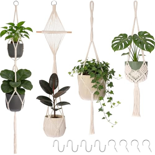 Dinhauyon Colgador de Plantas Tejido a Mano, Set de 4 maceteros Colgantes de Cuerda de algodón, decoración Boho de Red para jardín Interior Exterior, balcón, Patio y Ventana (Maceta no incluida)