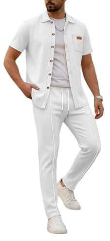 Oanviso Completi Tuta da Uomo Moda 2 Pezzi Casual T-Shirt Camicia Poloshirts Con Bottoni Manica Corta + Pantaloni Lunghe Slim Fit Tute Allenamento Estivo