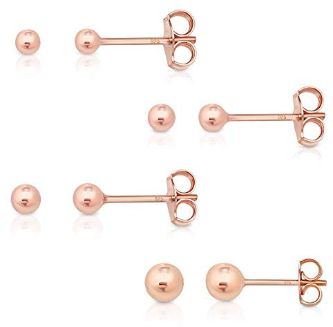 DTPsilver® 4 Paare WINZIGE/KLEINE Ohrringe 925 Sterling Silber Rosen-Gold Überzogen - Runde Kugel Ohrstecker - Durchmesser: 2, 3, 4, 5 mm