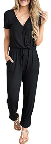 PRETTYGARDEN Jumpsuits for Women 2026 Spring Summer Casual Dressy Short Sleeve Romper Airport Vacation Travel Outfits (Black,X-Large)