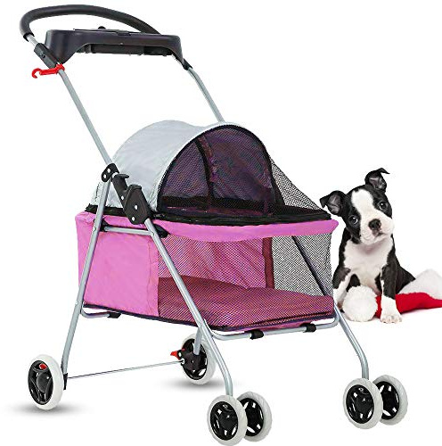 4 Wheels Pet Stroller,Dog Cage Protable Travel Folding Carrier Cart Waterproof Buggy Doggie Dog Stroller Jogger with Cup Holders for Small-Medium Pink
