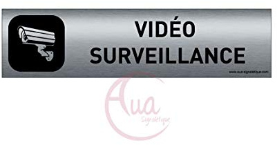 AUA SIGNALETIQUE - Plaque Aluminium brossé imprimé AluSign DARK - 200x50 mm - Double Face adhésif au dos (Vidéo surveillance)
