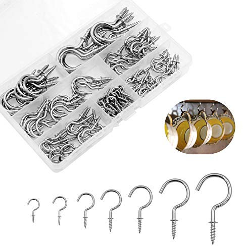 120 Pcs Screw Hooks, Cup Hooks Nickel Plated Hooks Metal Screw-in Eye Ceiling Hooks for Hanging Plants, Kitchen Cabinet Shelf (Silver)-7 Sizes
