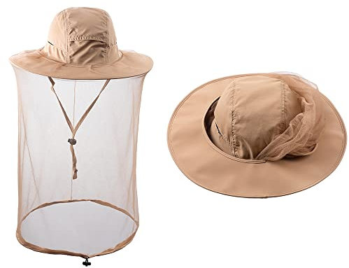 ZffXH 1/2 st insektsnät hattar, safari fiskemössa med nät ansikte nätsköld, biodlare biodling bi slöja hatt för män kvinnor, Khaki, L