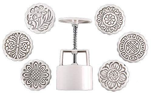 haoyuestory Mooncake mould, 100 g plastic moon cake barrel mould with 6 flower stamps, cookie cutter hand press, chocolate pastry mould, middle autumn resistant pastry decor baking tools