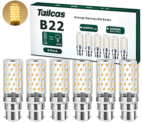 B22 LED Bayonet Light Bulb 100W Equivalent, 12W B22 LED Bulbs Bayonet Warm White 3000K, 1000Lumen B22 Bayonet Cap Energy Saving Bulb, Not Dimmable No Flicker LED Lamp, 6 Pack [Energy Class A+]