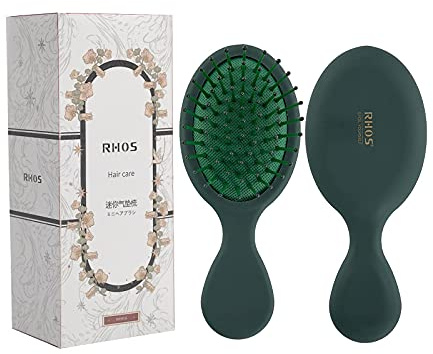 RHOS Mini Hair Brush for Women,Men and Kids-Travel Size Hair Brush for Purse,Pocket,backpack-Small Cushion Paddle Brush with Soft Bristles-Mini Detangler Brush for All Hair Types(1 Pack-Green)