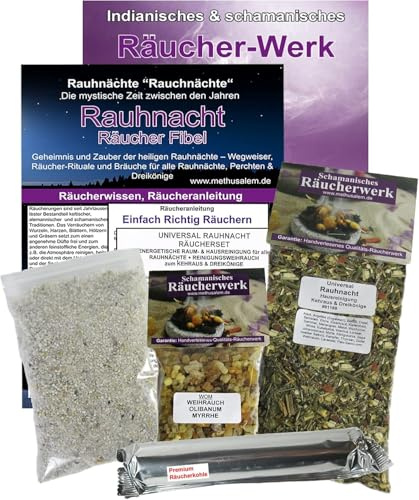RAUHNÄCHTE RÄUCHERN & AUSRÄUCHERN + WEIHRAUCH & MYRRHE 7-TLG UNIVERSAL Rauhnacht Räucherset. Energetische HAUSREINIGUNG mit Räucherwerk KRÄUTER + HARZE + ZUBEHÖR + Rauhnacht-Fibel. 81188WOM-1