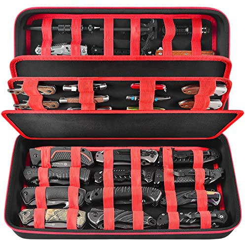 casmilee Messertasche für 64+ Taschenmesser, Klappmesser Cases für Sammlungen, Butterfly Messer Aufbewahrungstasche Halter Roll Organizer für Survival, Tactical, EDC Mini-Messer (Box Only) | Harte EVA-Schale, 88 Schlitze, 2 Trennwände und elastische Bänder für EDC-, Camping- und Sammelmesser, nur Etui