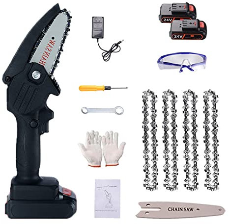 LLYLAY Mini Chainsaw, 4-Inch Battery Powered Cordless Chainsaw, Portable One-Handed Rechargeable Electric Chainsaw For Tree Trimming Branch Wood Cutting (Color : Black, Size : 4*Chain)
