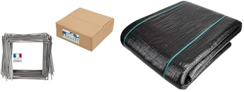 Flandria Lot de 100 Agrafes de paillage Ø3,7mm biseautées acier cranté 20x20x20cm & VOUNOT Toile de Paillage Contre Les Mauvais Herbes 10 M x 2 M en Fibres de Polypropylène Tissées Anti-UV 100 g/m2