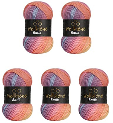 5 x 100 g ullbi batik 500 gram ull med färggradient flerfärgad stickad ull virkull (2020 gul orange bär)
