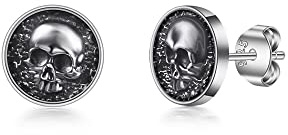 PHNIBIRD Schwarz Totenkopf Ohrstecker Silber 925 Vintage Herren Ohrringe | Antikfinish auf 925er Silber,Hypoallergen,Geschenk für Herren Damen,Geeignet für den Alltag,Vintage-Look