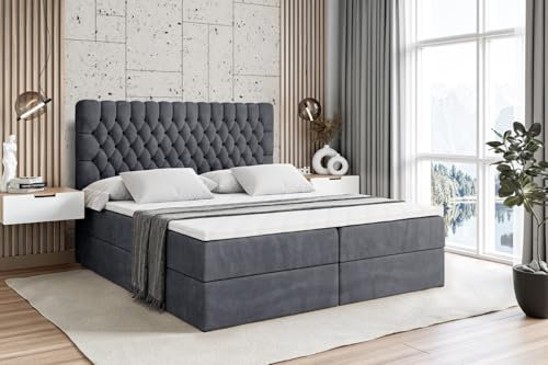 ALTDECOR Boxspringbett mit Matratze und Lattenrost, Boxbett, Topper, Polsterbett mit Bettkasten, Bett mit Stauraum H4-Matratze, Doppelbett, Springboxbett - Serene - 140x200 - Dunkelgrau Samt