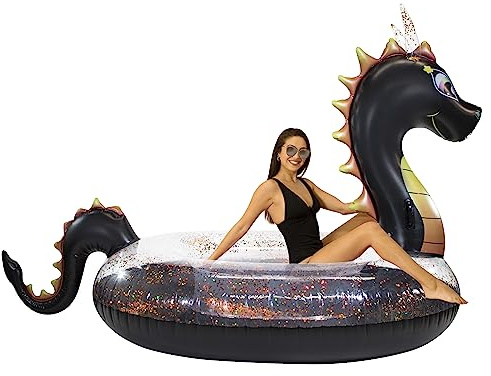 PoolCandy Gigantic Black Sea Dragon Inflatable Pool Raft, 120 Inch Glitter Float for 2–3 Adults, Heavy Duty PVC Swim Platform for Pool Lake Beach Parties, Giant Lounge Supports Up to 450 lbs