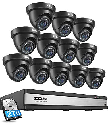 ZOSI 1080p CCTV Kit Cámara de Vigilancia 16CH 2MP H.265+ DVR Sistema de Seguridad con 12pcs Cámara Exterior e Interior y 2TB Disco Duro, Visión Nocturna, Detección de Movimiento