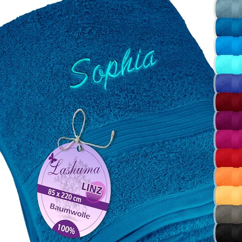 Lashuma Saunahandtuch 85x220 cm Bestickt Petrol - Blau, Linz Badetuch mit Name