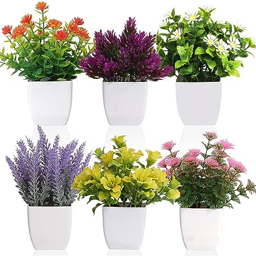 crayfomo 6 Pack Artificial Plants in Pots Small Fake Plant Flowerpot, Faux Plants Indoor with Plastic Pot for Home Office Desk Table Decoration (Flower)